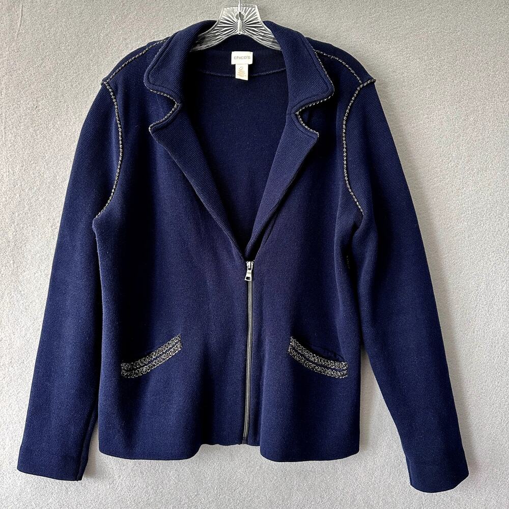 Chicos Navy Blue Double Knit Cardigan Blazer Sweater Chicos Size 2 / 12, Large